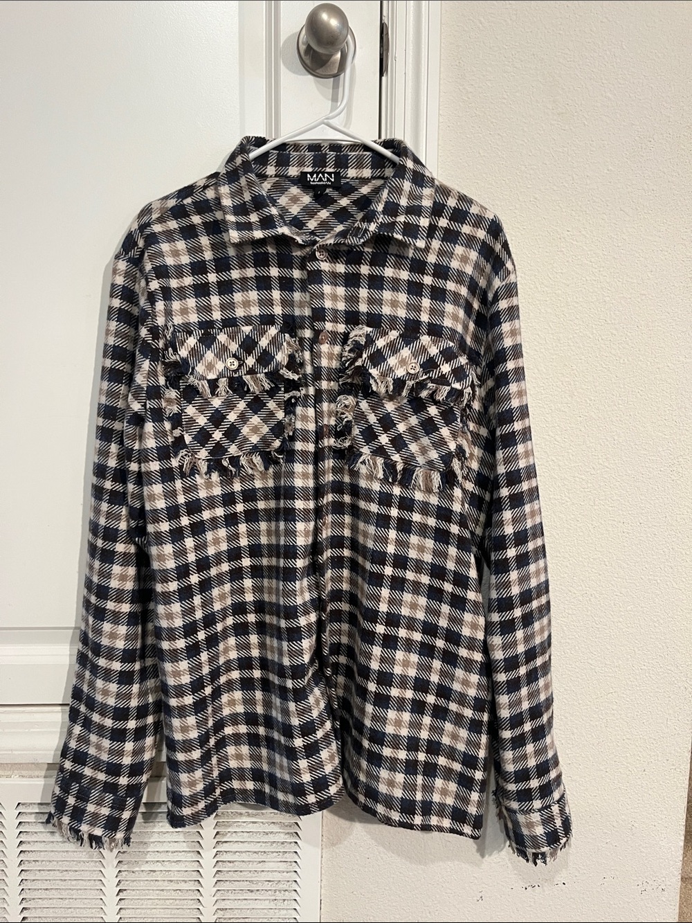 Plaid Button-Up Shirt in Black and Cream